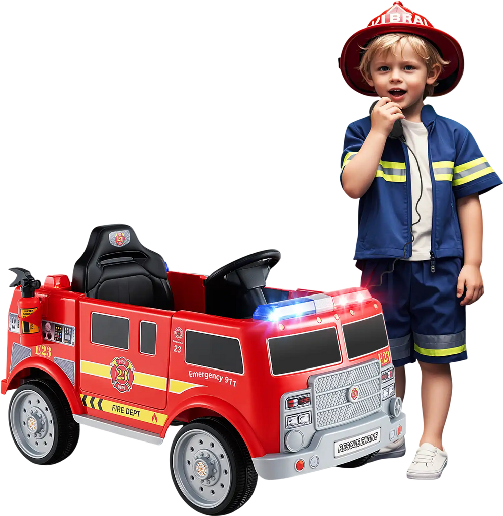 Kids ride-on fire truck in red with remote control, lights, and extinguisher, perfect for imaginative play.