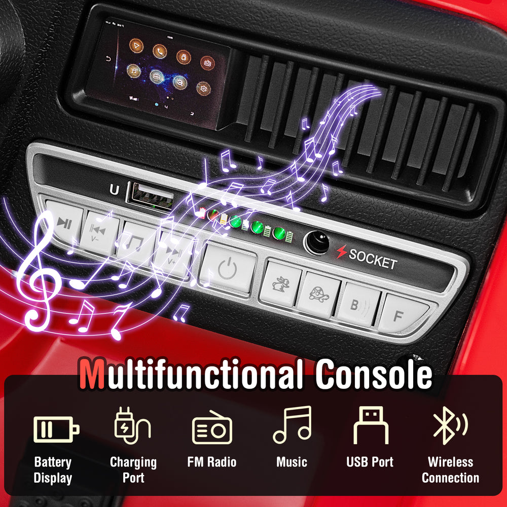 Multifunctional console of the Kids Ride on Fire Truck featuring a battery display, USB port, and music controls.