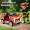 Kids ride-on fire truck in red with storage compartment, remote control, and extinguisher for imaginative play.