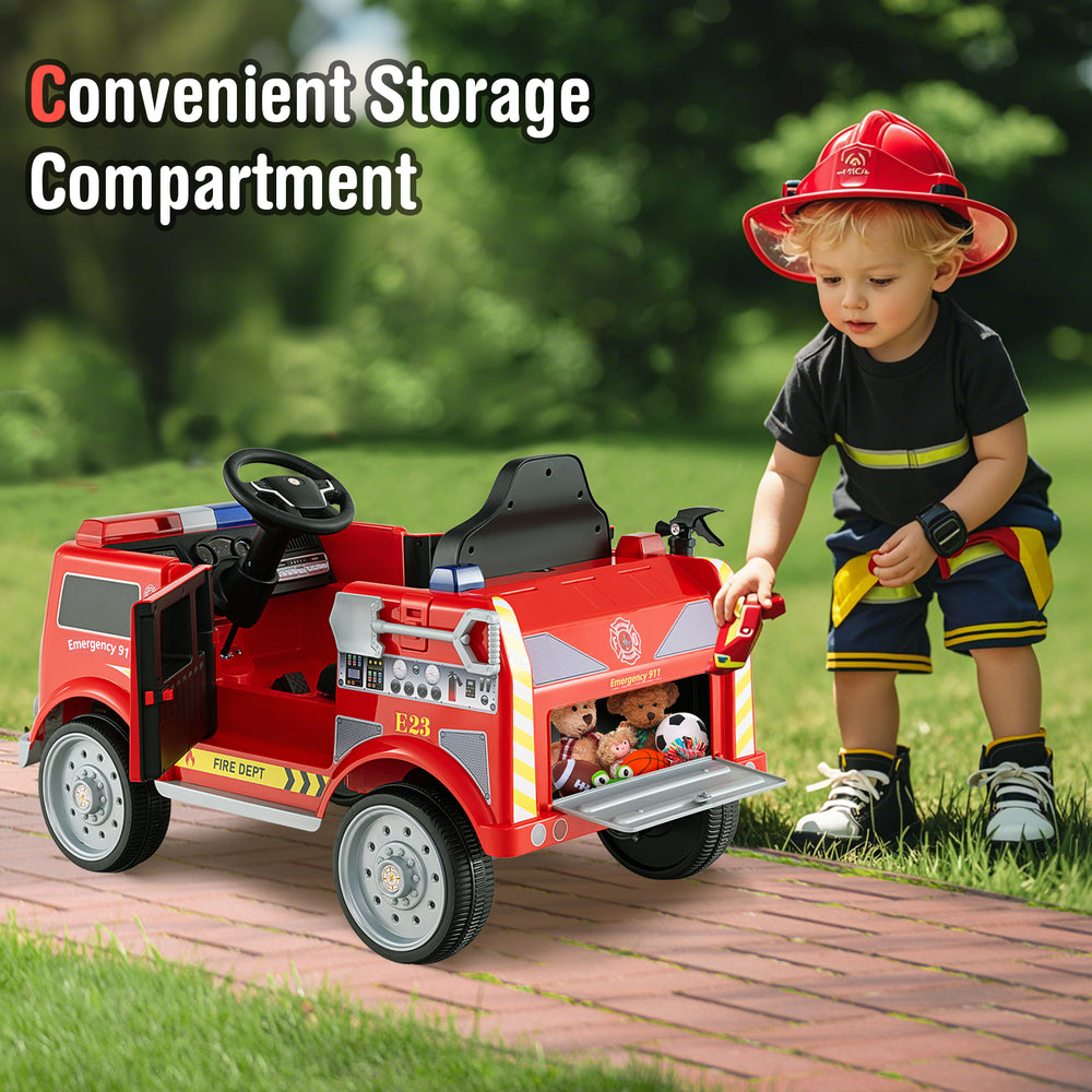 Kids ride-on fire truck in red with storage compartment, remote control, and extinguisher for imaginative play.
