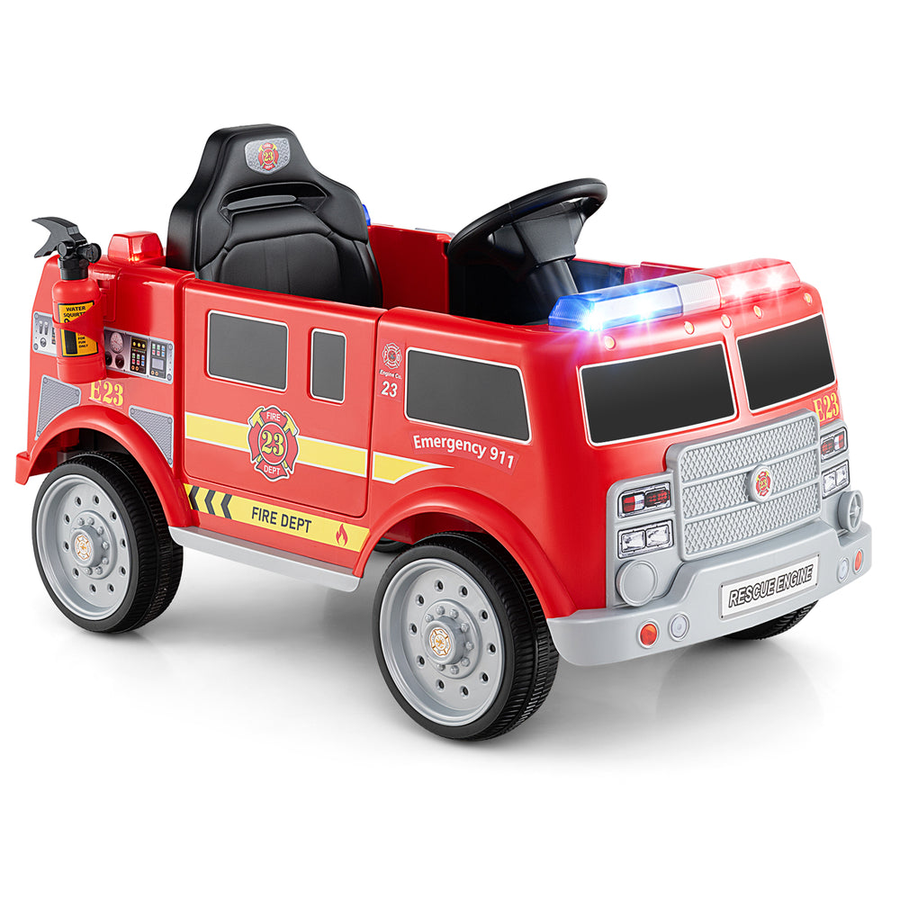 Kids ride-on fire truck in red with remote control, lights, and extinguisher for immersive play and safety features.