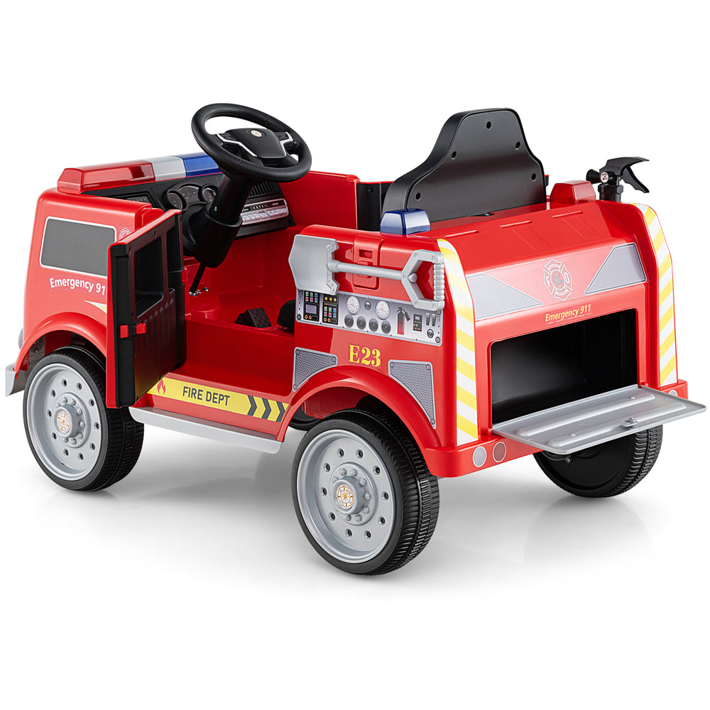 Kids ride-on fire truck in red with spacious seat and adjustable safety belt, perfect for children aged 3-8 years.