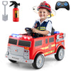 Kids ride-on fire truck in red with remote control, extinguisher, and storage, designed for ages 3-8 years.