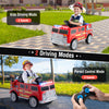 Kids ride-on fire truck in red with remote control, featuring 2 driving modes and a storage compartment for fun play.