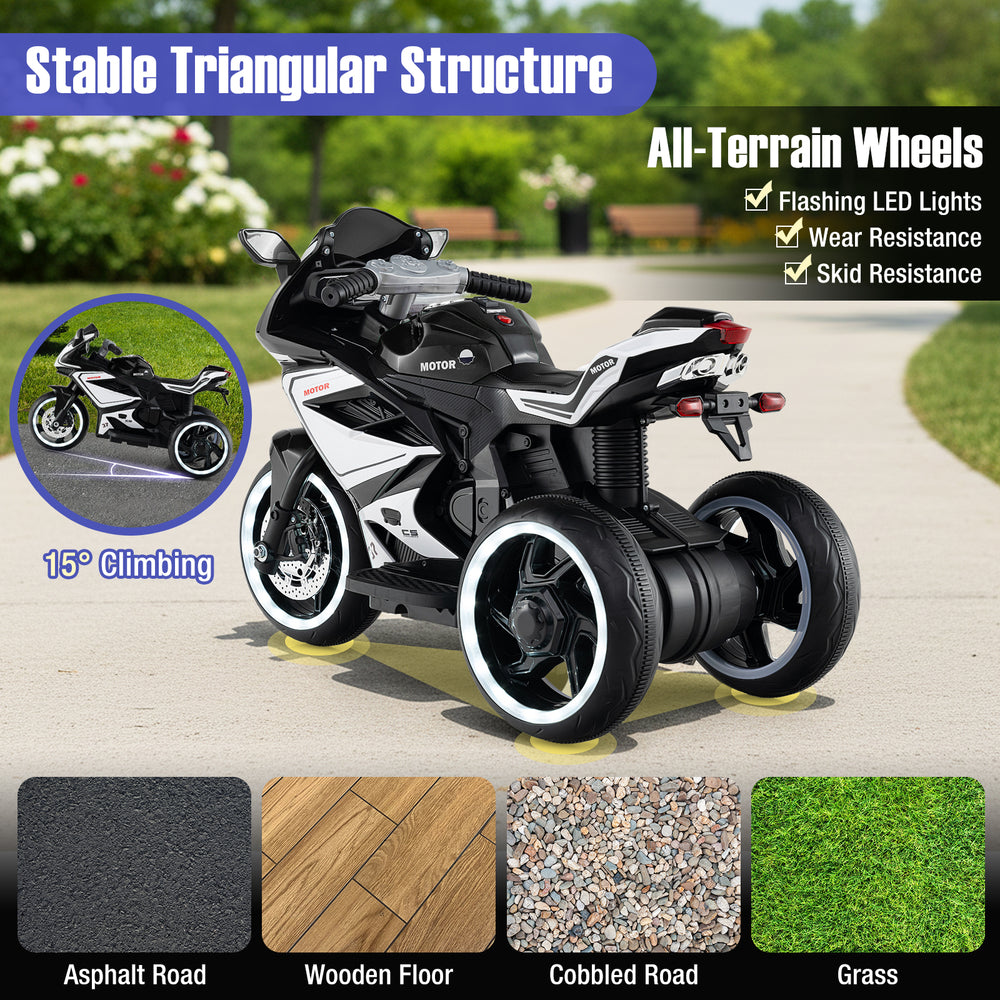 Kids ride-on motorcycle in black with all-terrain wheels, LED lights, and a stable triangular structure for ages 3+.