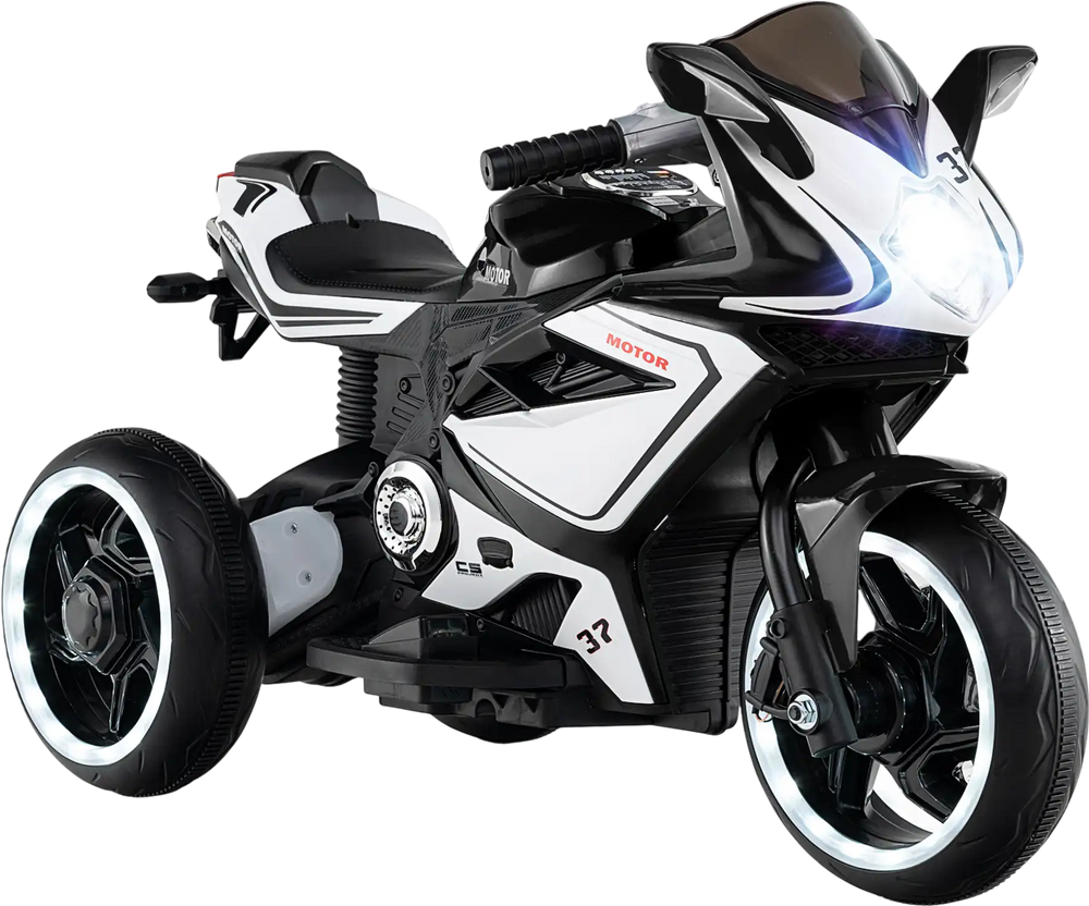 Kids ride-on motorcycle in black with LED lights, 6V battery, and three wheels for stable riding on various surfaces.