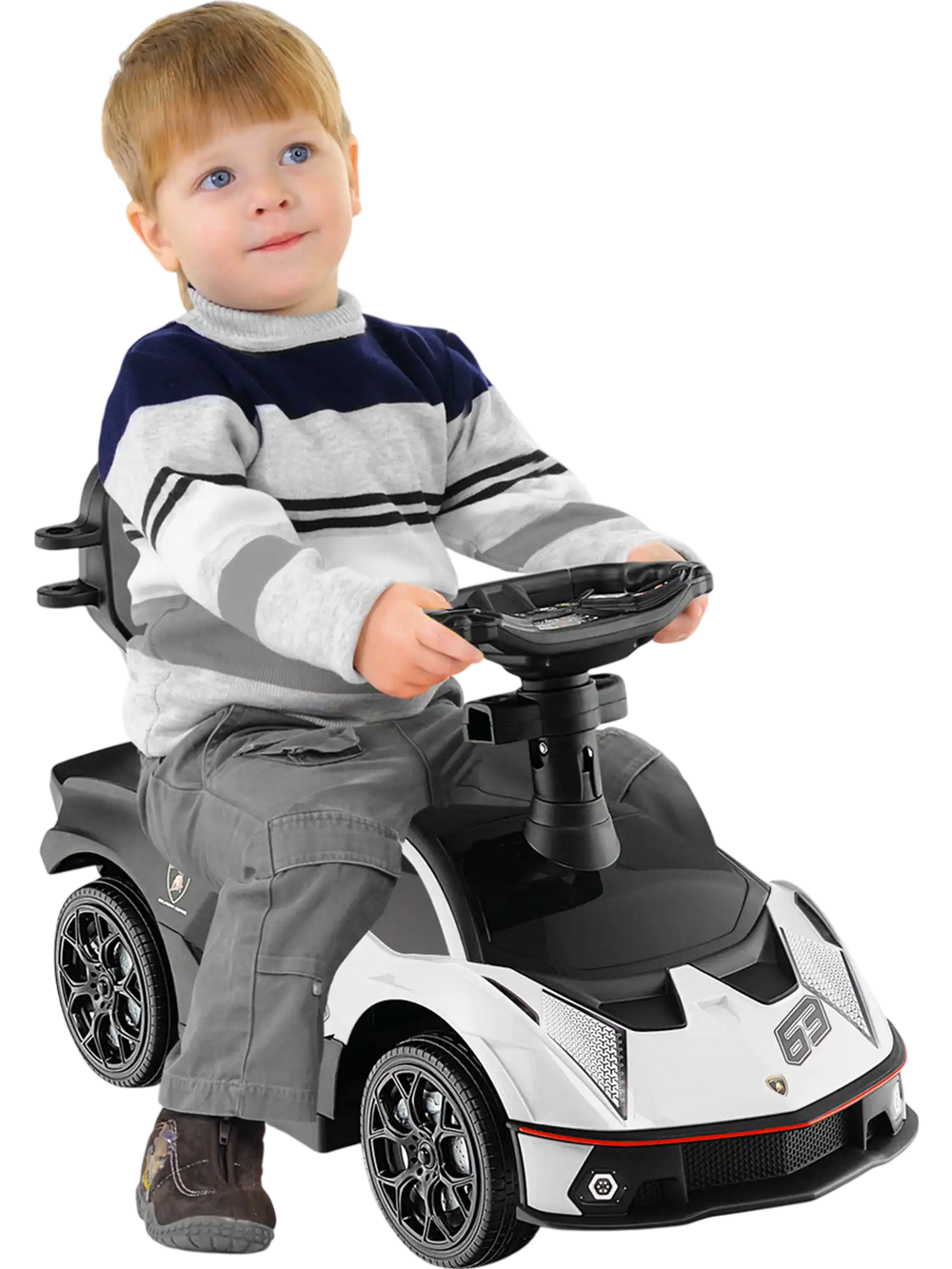 3-in-1 licensed Lamborghini ride-on push car in white with storage compartment, suitable for kids aged 1-3 years.