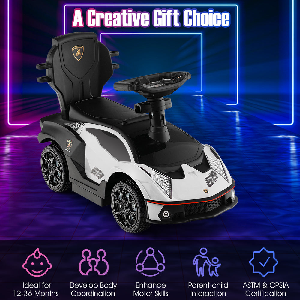 3-in-1 licensed Lamborghini ride-on push car in white, designed for kids 12-36 months with safety features and storage.