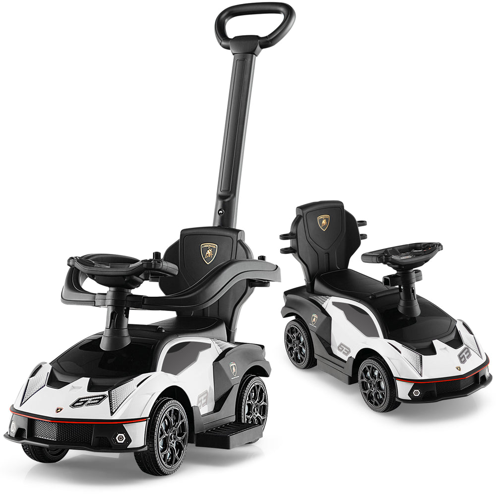Side view of the 3-in-1 licensed Lamborghini ride-on push car in white, showcasing its stylish design and sturdy handle.