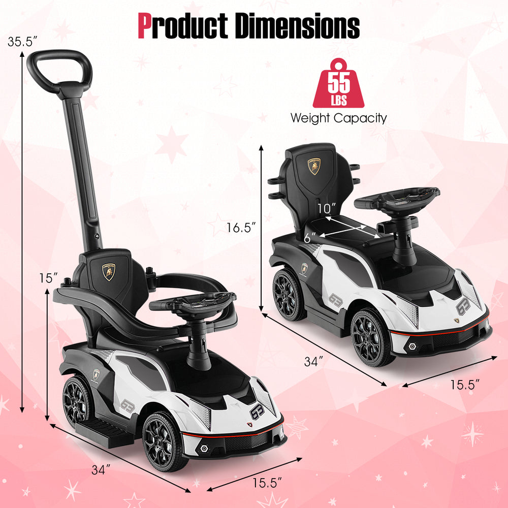 3-in-1 licensed Lamborghini ride-on push car in white, featuring a durable frame, storage compartment, and safety.