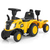 Kids ride-on tractor in yellow with detachable trailer, LED lights, and sound buttons for fun outdoor play.