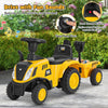 Kids ride-on tractor in yellow with detachable trailer, beep beep horn, and LED lights for fun outdoor play.