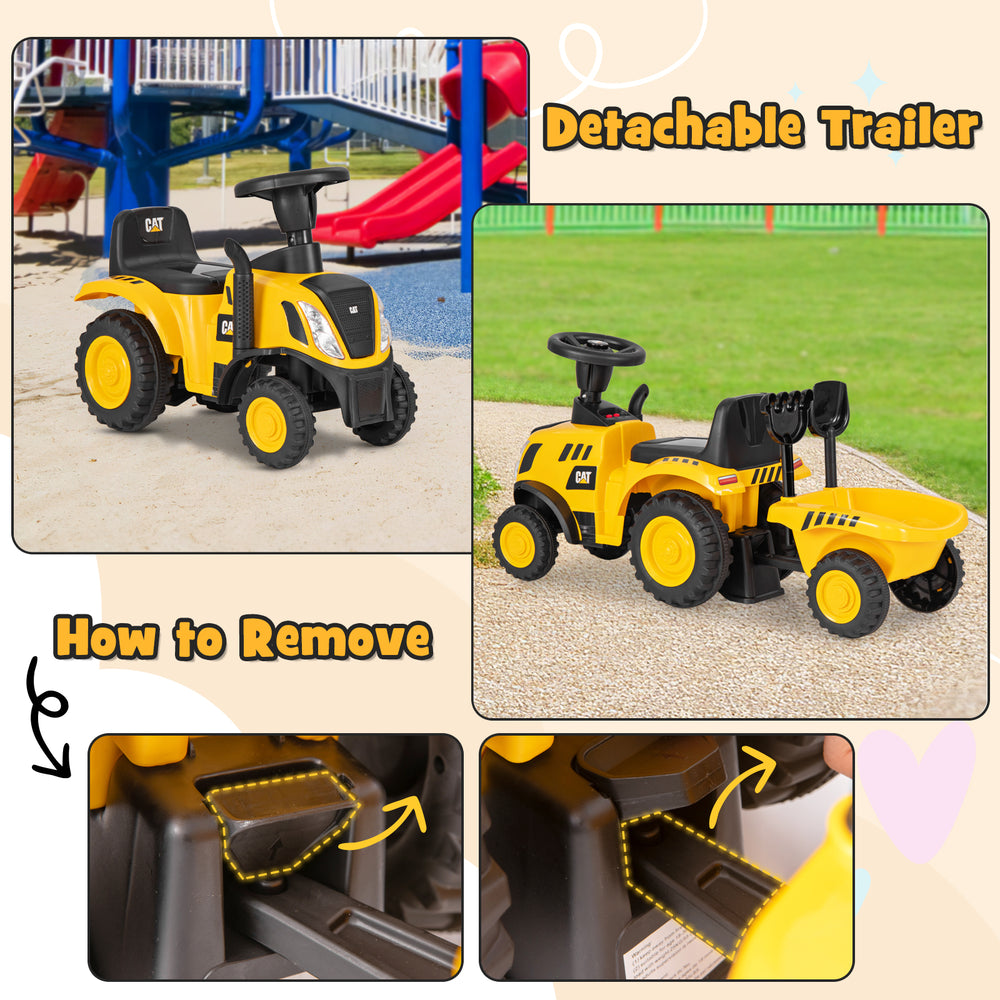 Kids ride-on tractor in yellow with detachable trailer, designed for stability and fun, perfect for outdoor play.