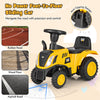 Kids ride-on tractor in yellow with detachable trailer, suitable for rubber, wood, and asphalt surfaces.