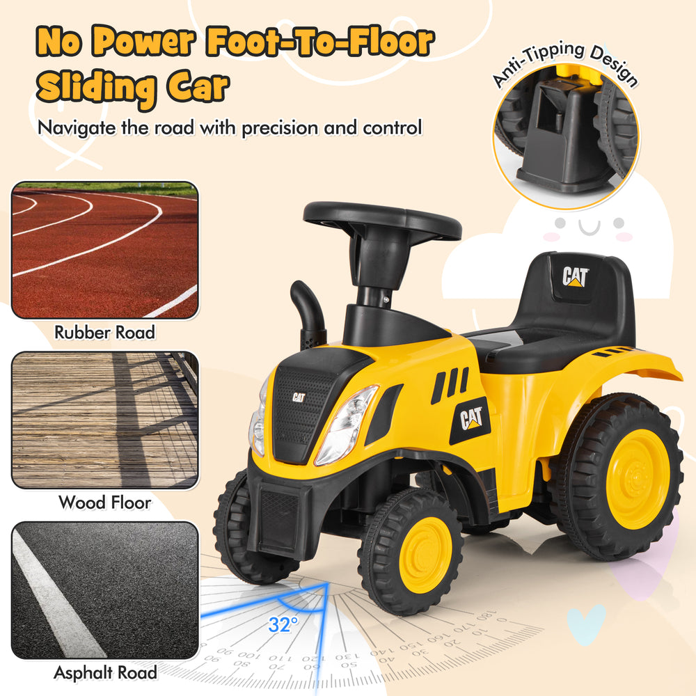 Kids ride-on tractor in yellow with detachable trailer, suitable for rubber, wood, and asphalt surfaces.