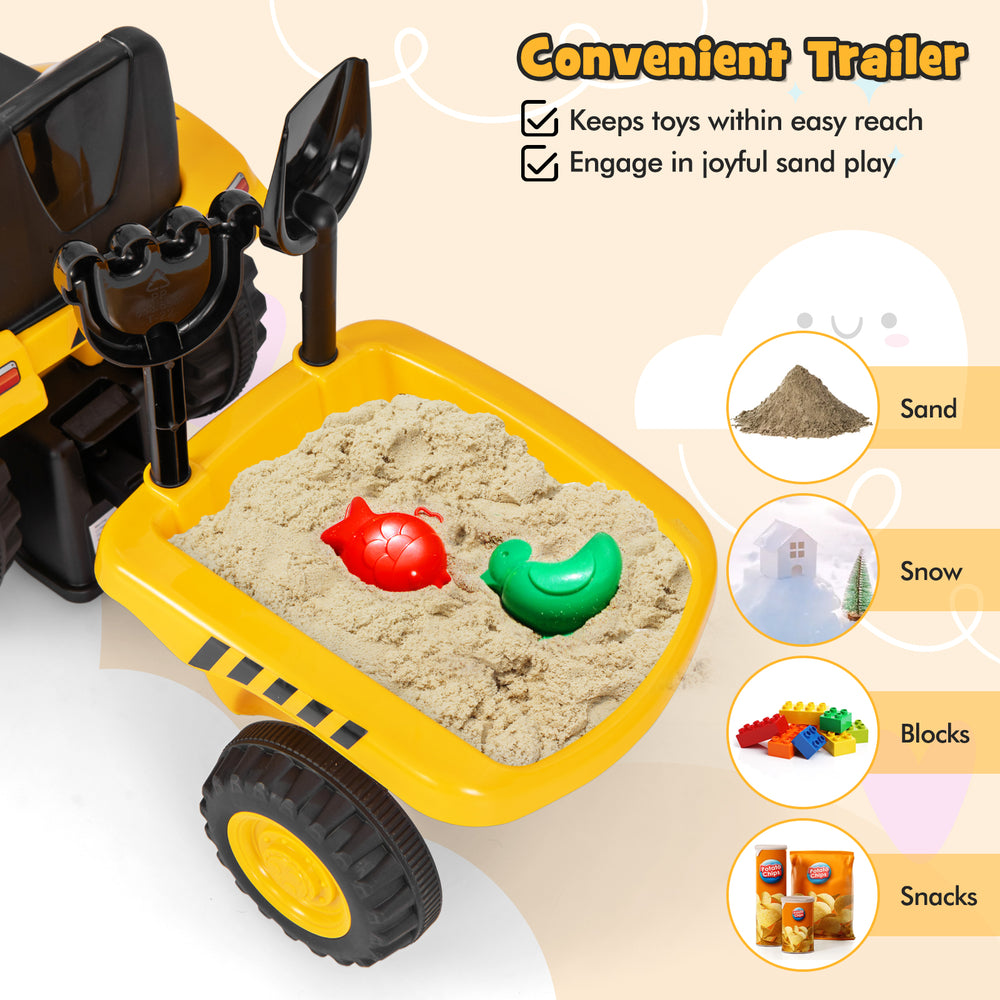 Kids ride-on tractor with detachable trailer, yellow, ideal for sand play and toy storage, promotes hand-eye.