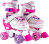 Adjustable kids roller skates in rose red with light-up wheels, featuring safety straps and breathable mesh for comfort.