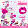 Kids roller skates in rose red with adjustable sizes, light-up wheels, and safety features for ages 5-8.