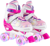Kids roller skates in rose red with adjustable sizes and colorful light-up wheels for fun and safety during play.