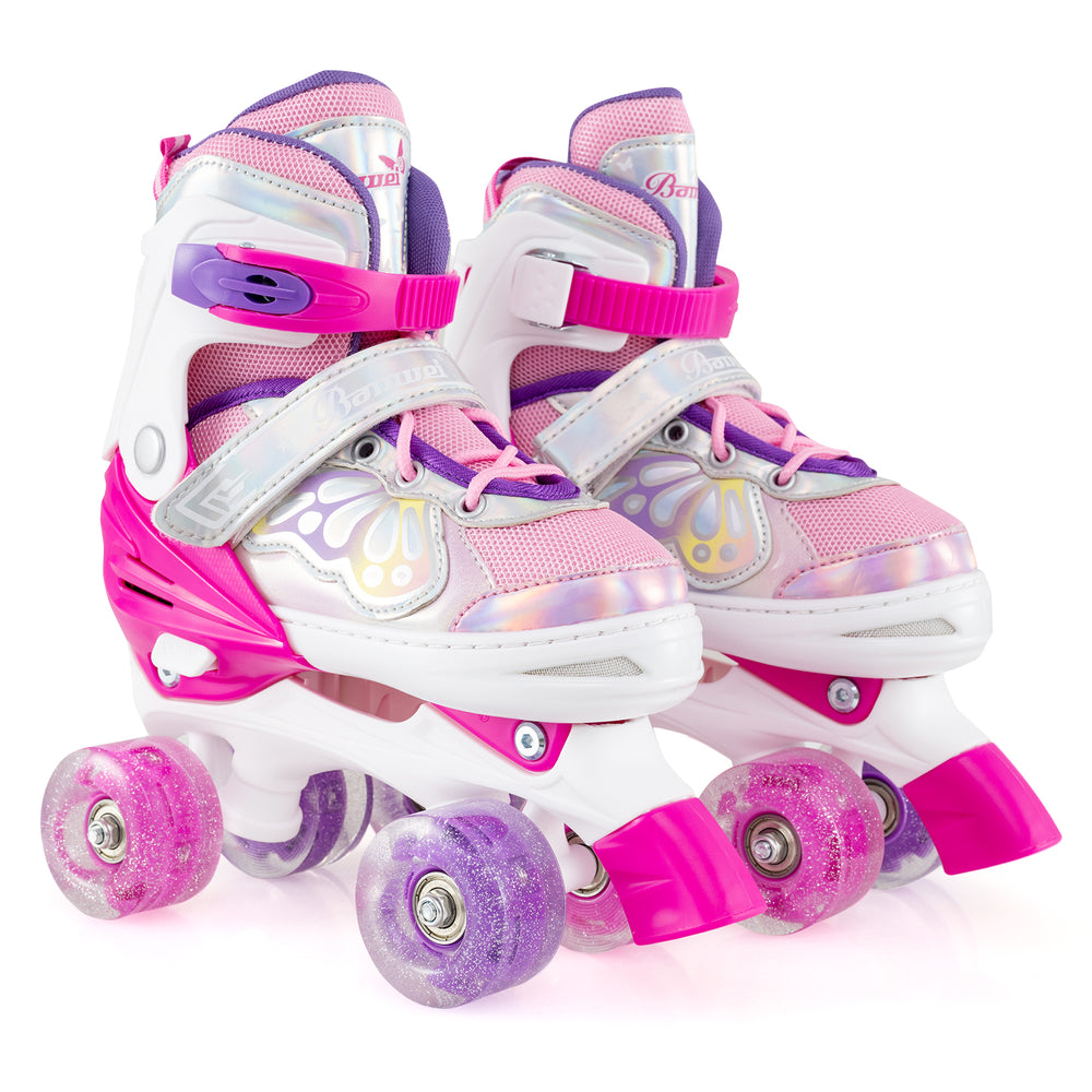 Kids roller skates with adjustable sizes, light-up wheels, and butterfly patterns for safe, fun outdoor play.