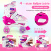 Kids roller skates in rose red with adjustable sizes, light-up wheels, and breathable mesh liner for ages 8-13.