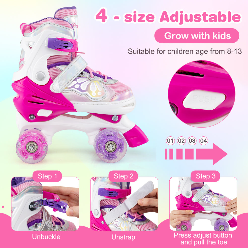 Kids roller skates in rose red with adjustable sizes, light-up wheels, and breathable mesh liner for ages 8-13.