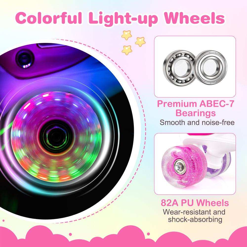 Kids roller skates in rose red with adjustable sizes, featuring colorful light-up wheels and premium ABEC-7 bearings.