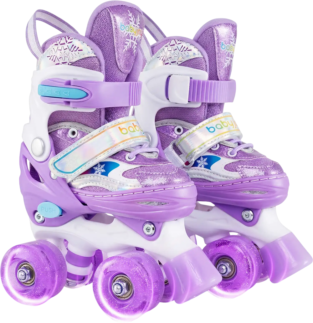 Kids roller skates in purple with adjustable sizes and light-up wheels, perfect for toddlers aged 3-4 for fun and.