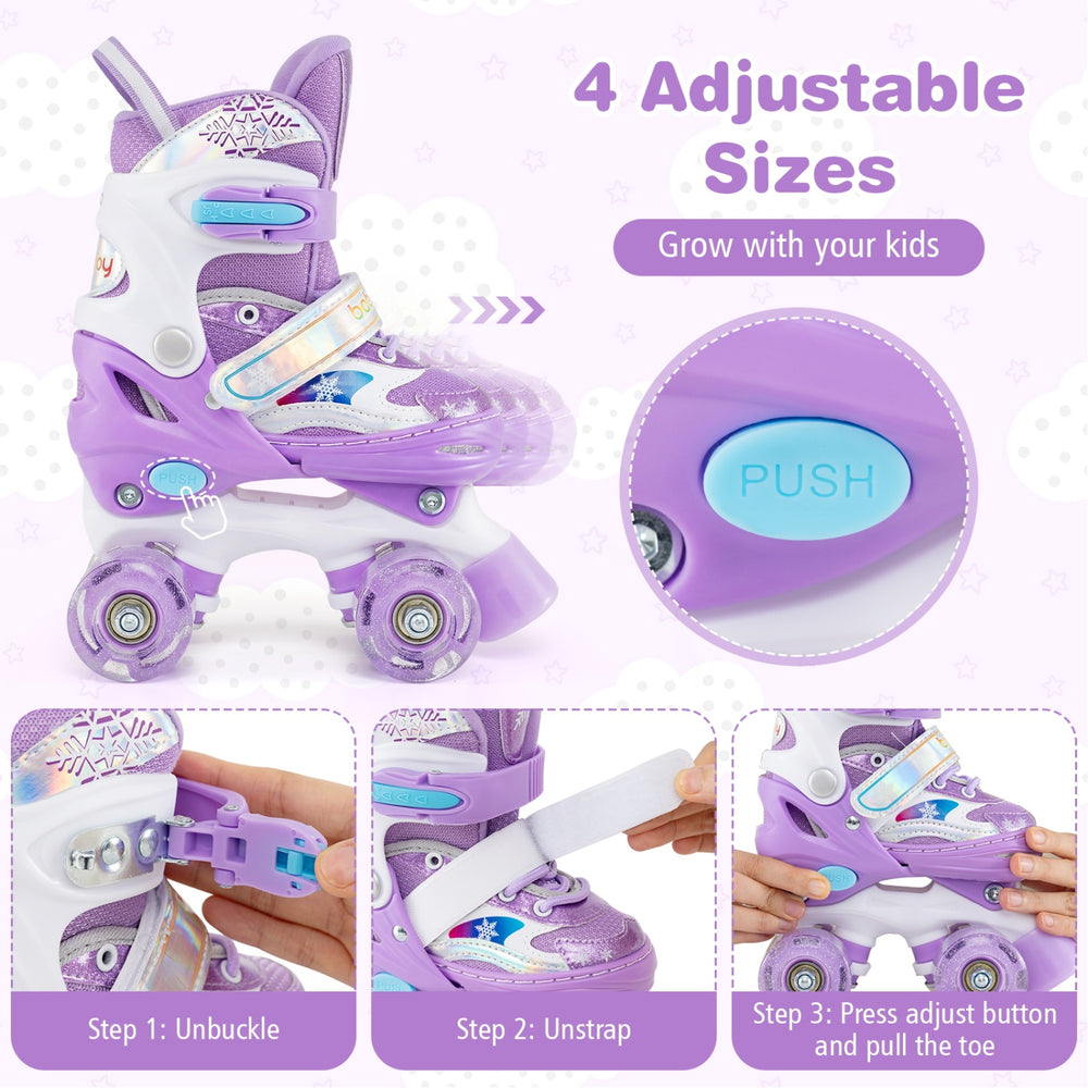 Kids roller skates in purple with adjustable sizes and light-up wheels, perfect for toddlers aged 5-7 for fun and.
