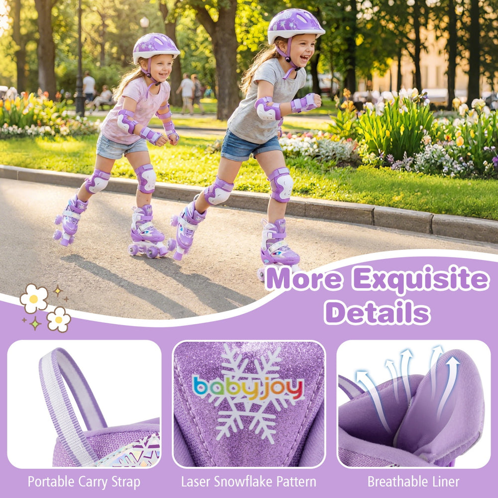 Kids roller skates in purple with adjustable sizes, light-up wheels, and breathable liner for ages 5-7, perfect for fun.