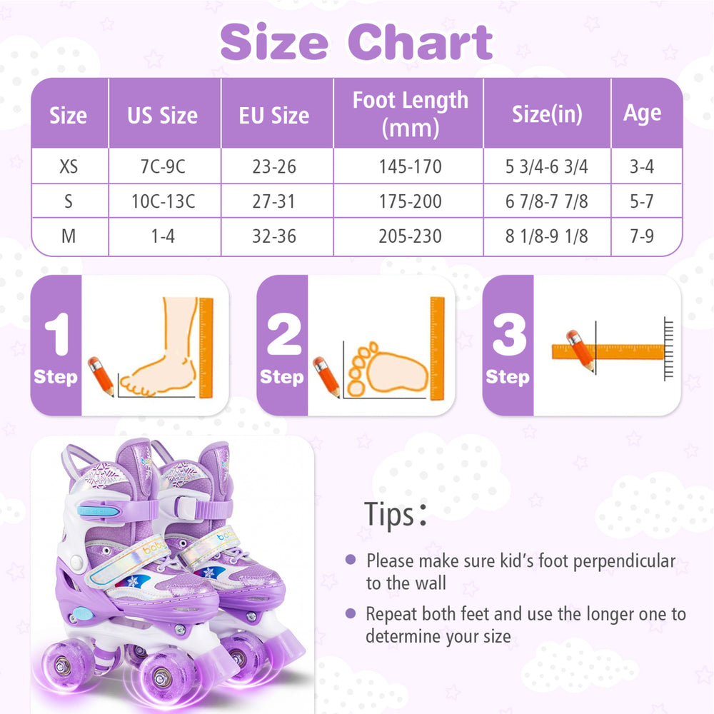 Kids roller skates in purple with adjustable sizes, light-up wheels, and breathable liner for ages 5-7.