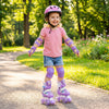 Adjustable purple kids roller skates with light-up wheels, designed for toddlers aged 3-4, perfect for outdoor fun.