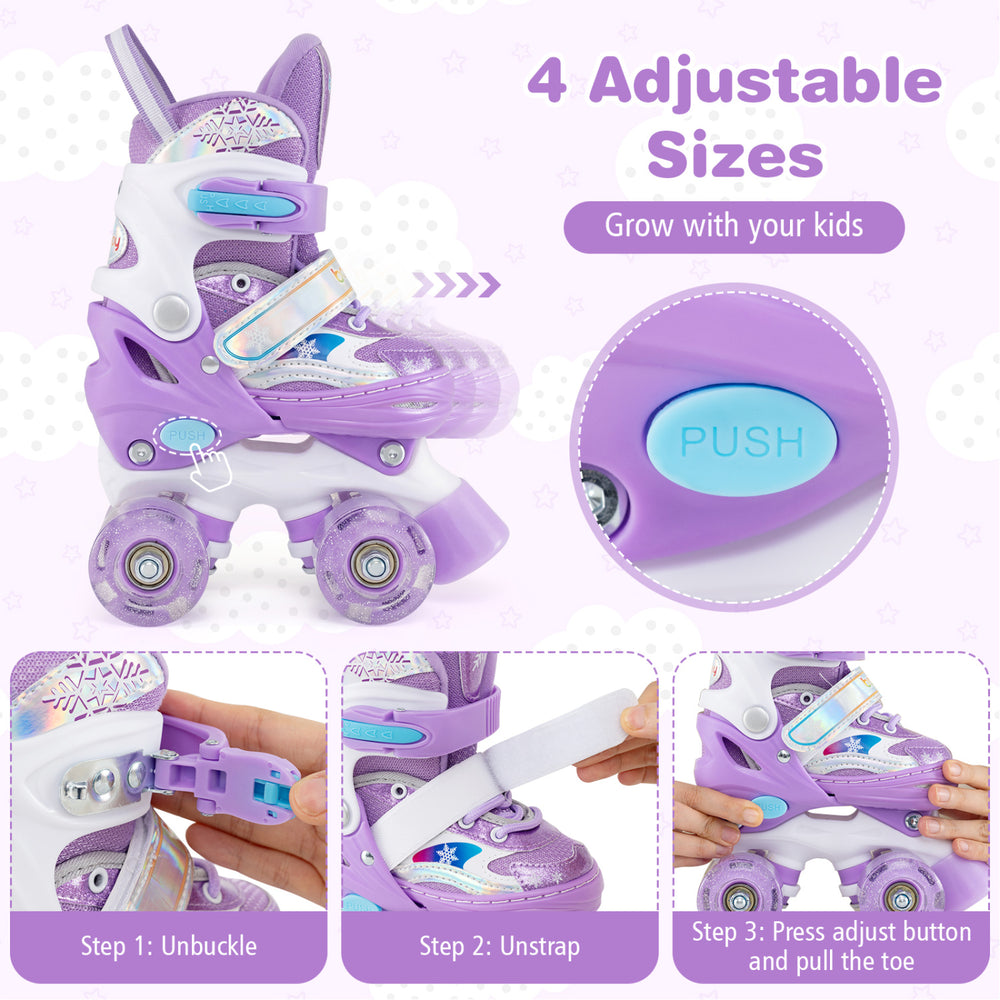Kids roller skates in purple with adjustable sizes, light-up wheels, and a breathable liner for comfort and fun.