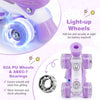 Light-up wheels of purple kids roller skates with 82A PU material, adjustable sizes, and ABEC-7 bearings for smooth.