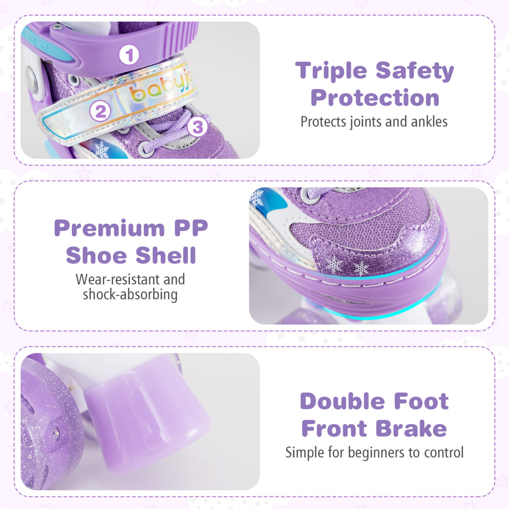 Kids roller skates in purple with adjustable sizes, light-up wheels, and triple safety protection for toddlers aged 3-4.