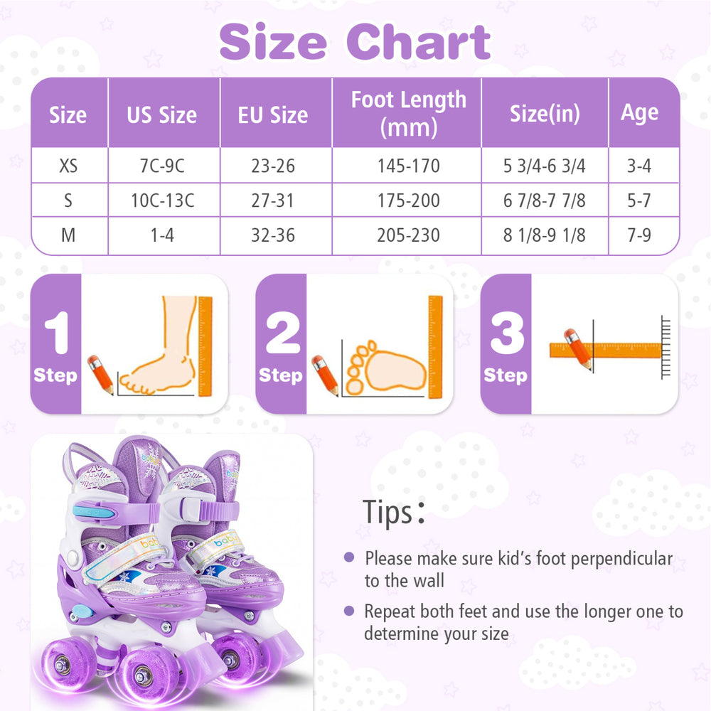 Kids roller skates in purple with adjustable sizes, light-up wheels, and breathable liner for ages 3-4.
