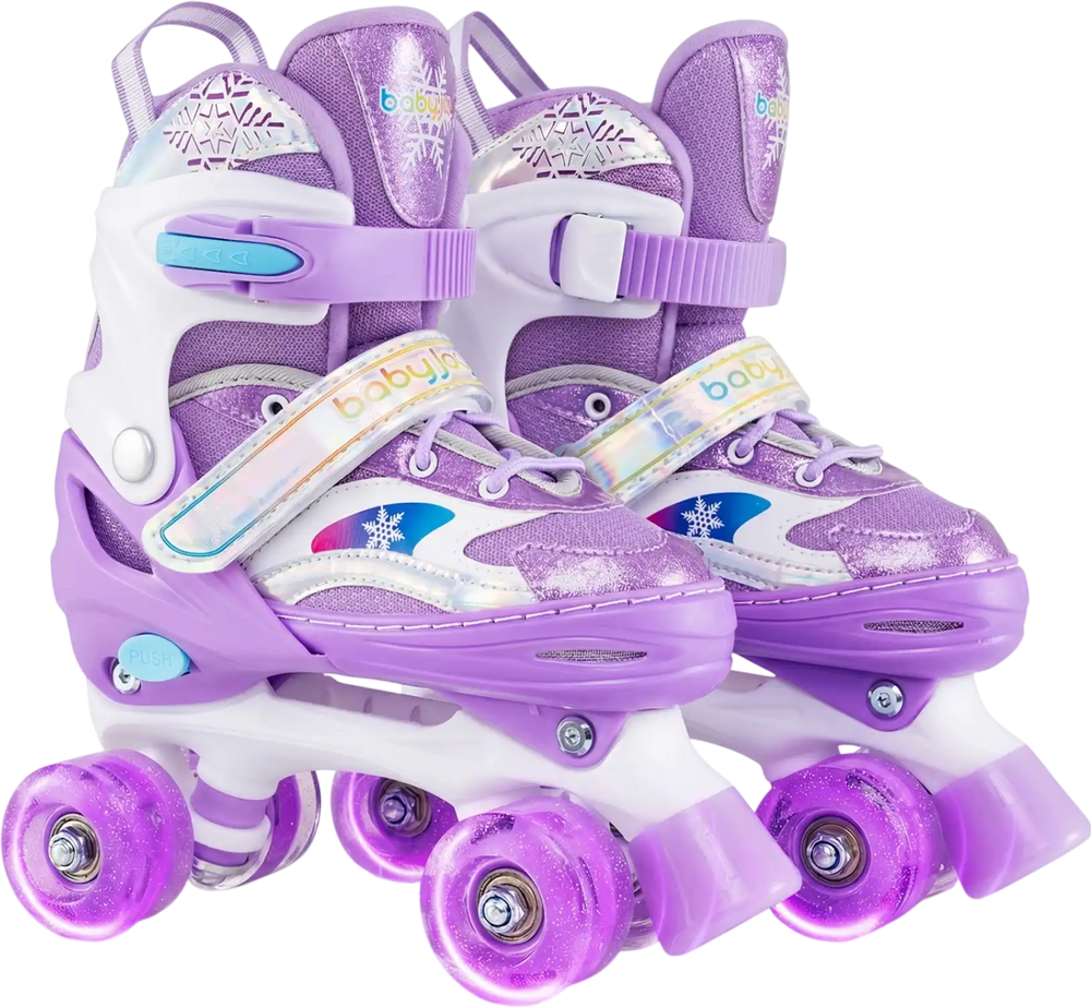 Kids roller skates in purple with light-up wheels, adjustable sizes, and triple safety protection for fun and secure.