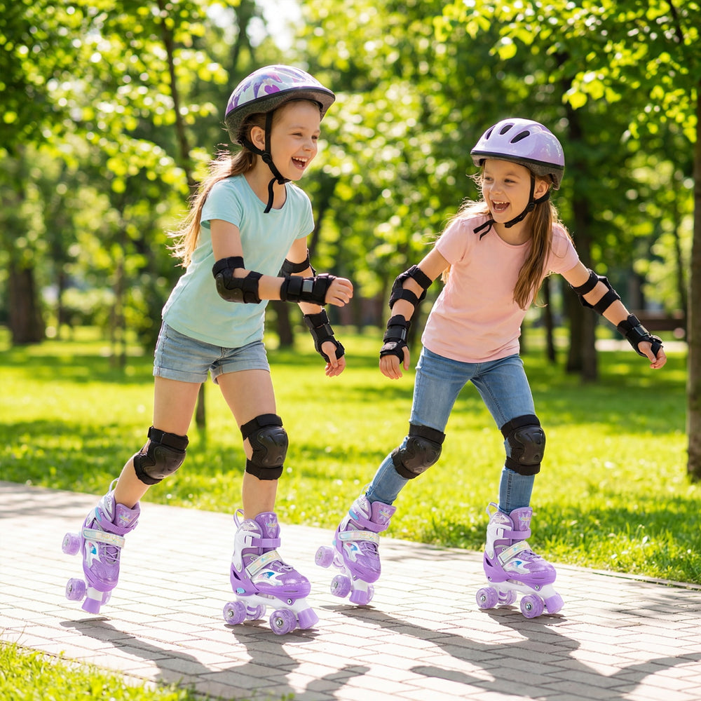 Two girls roller skating in a park wearing purple kids roller skates with light-up wheels and safety gear.