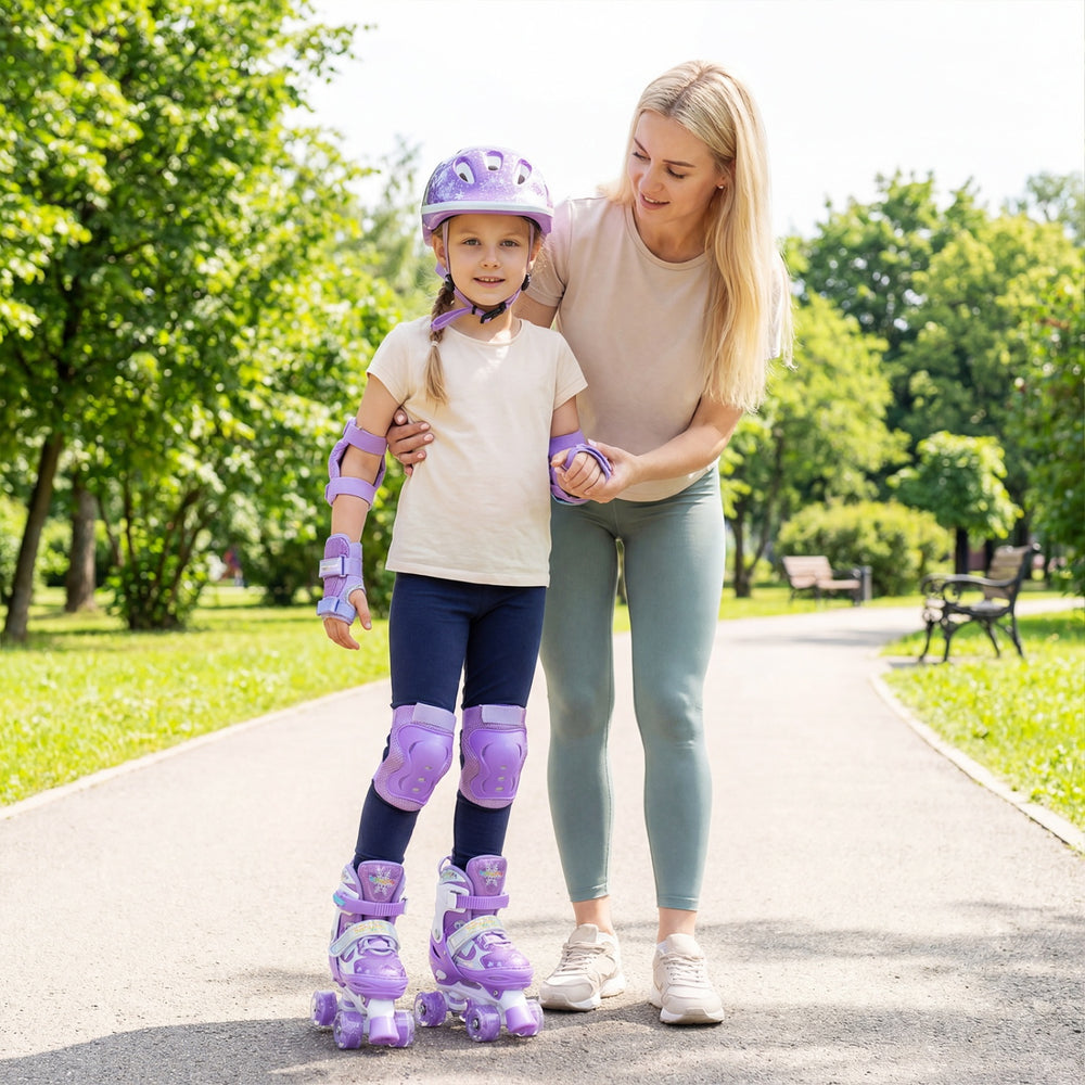 Kids roller skates in purple with light-up wheels, adjustable sizes, and safety protection for outdoor fun.