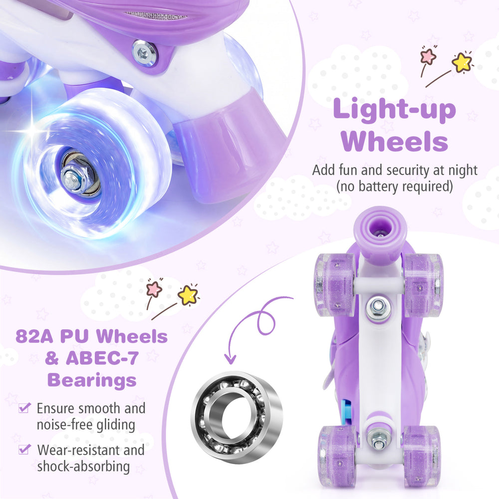 Light-up wheels of purple kids roller skates with 82A PU material and ABEC-7 bearings for smooth gliding and safety.