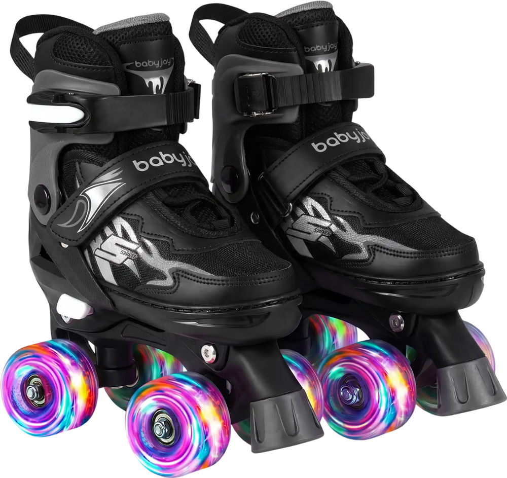 Adjustable black kids roller skates with light-up wheels, featuring secure buckles and breathable mesh liner for.