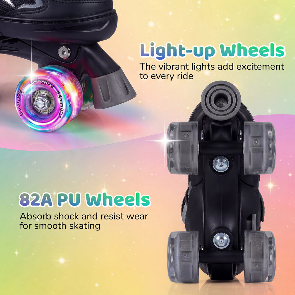 Light-up wheels of adjustable kids roller skates in black, featuring 82A PU wheels for smooth skating and safety.