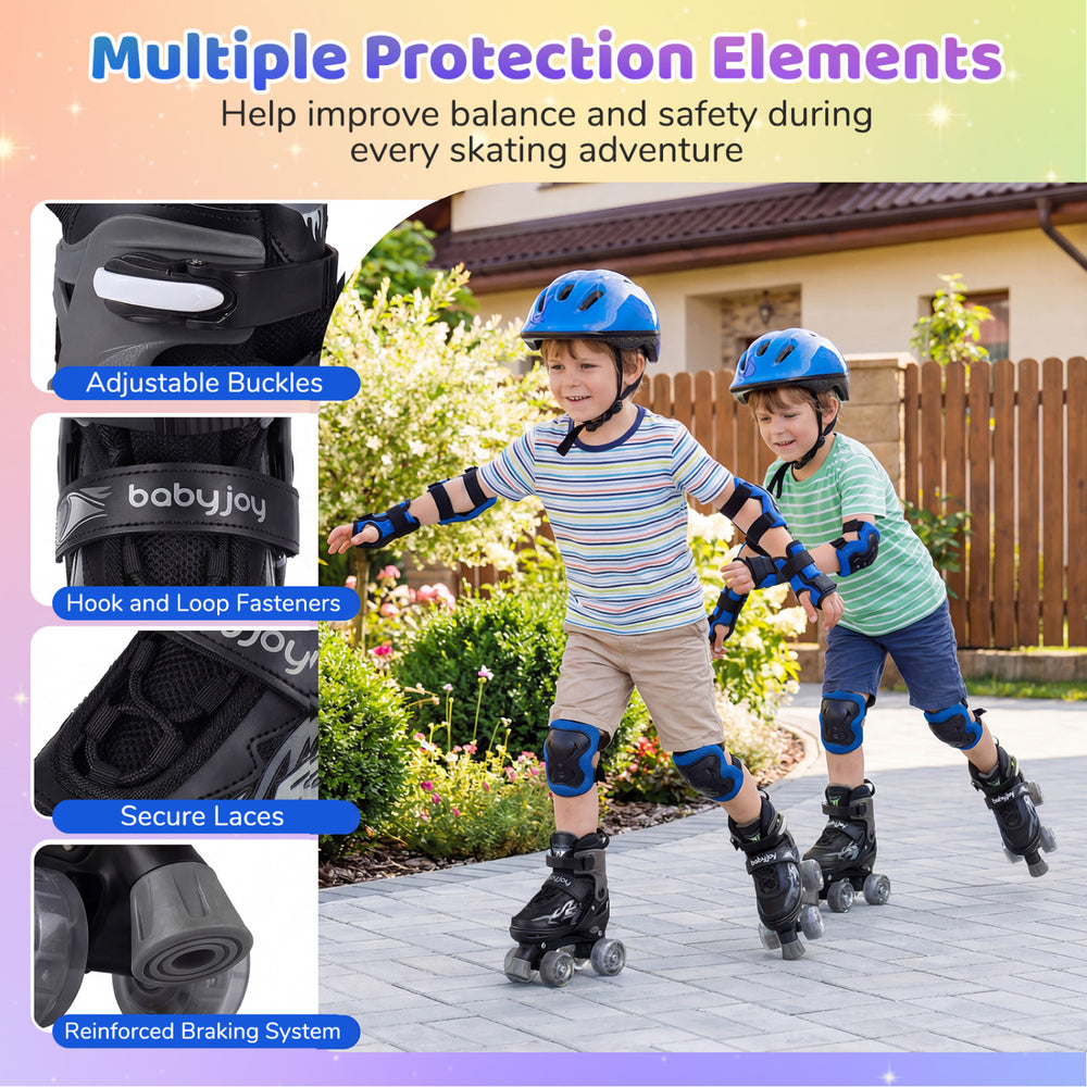 Kids roller skates with adjustable sizes, light-up wheels, and secure laces for safe and fun skating adventures.