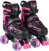 Adjustable pink kids roller skates with light-up wheels, breathable mesh liner, and secure buckles for outdoor fun.