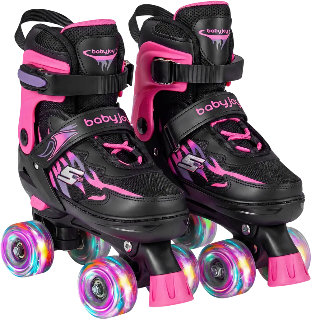 Adjustable pink kids roller skates with light-up wheels, breathable mesh liner, and secure buckles for outdoor fun.