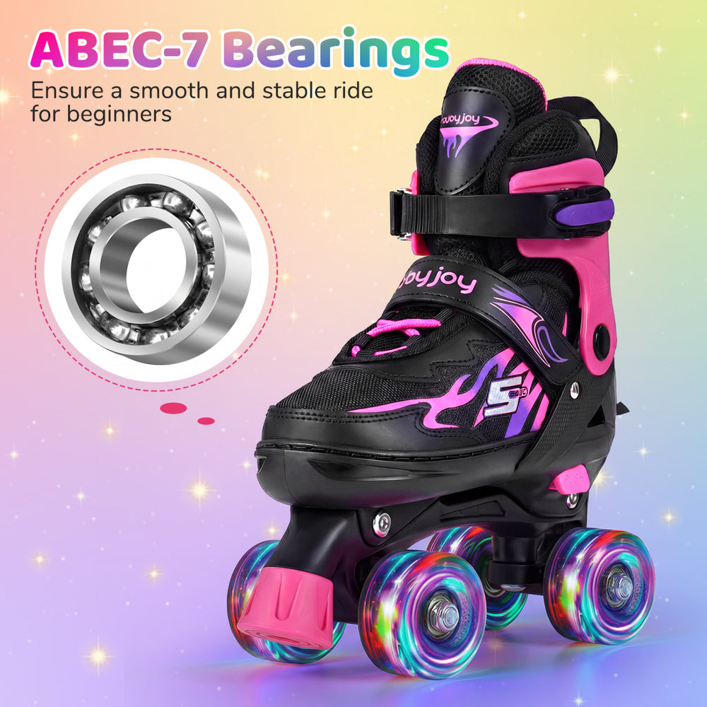 Kids adjustable roller skates in pink with light-up wheels, ABEC-7 bearings, and secure laces for outdoor fun.