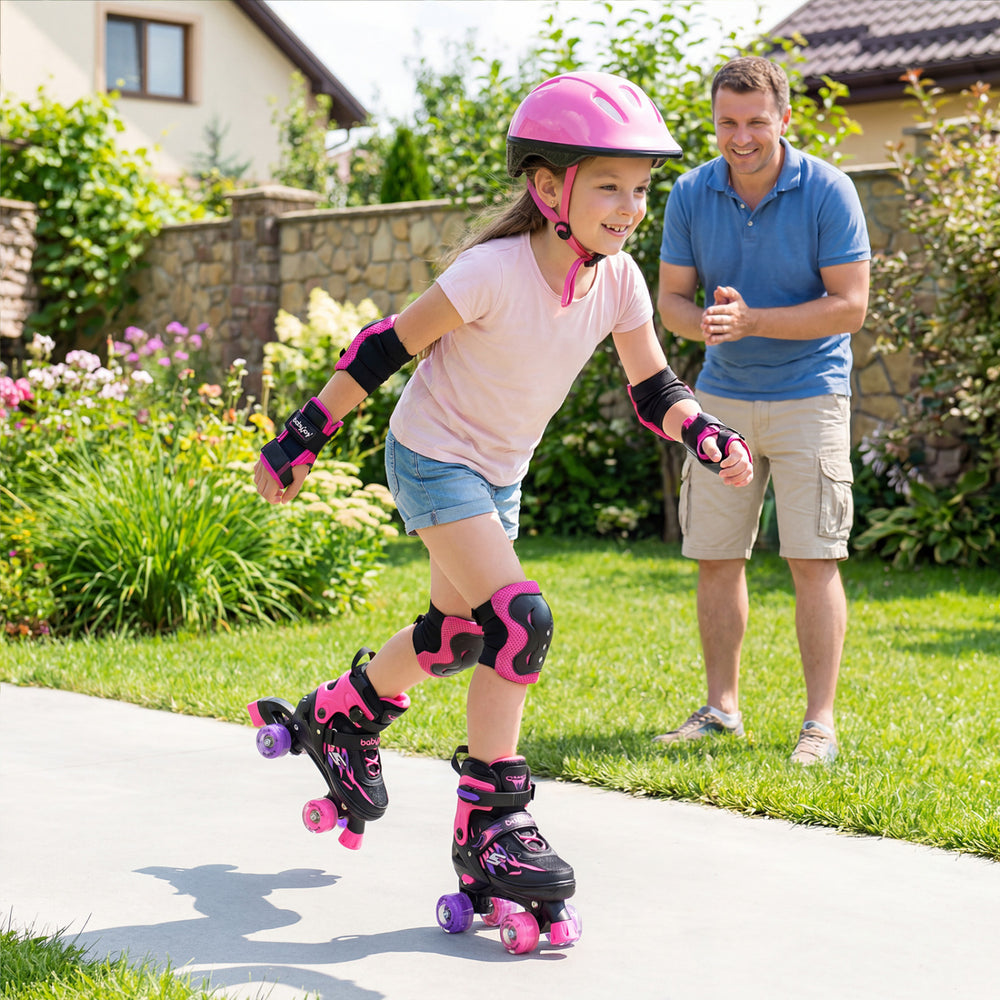 Kids roller skates in pink with light-up wheels, adjustable size, and safety gear for outdoor fun and balance.