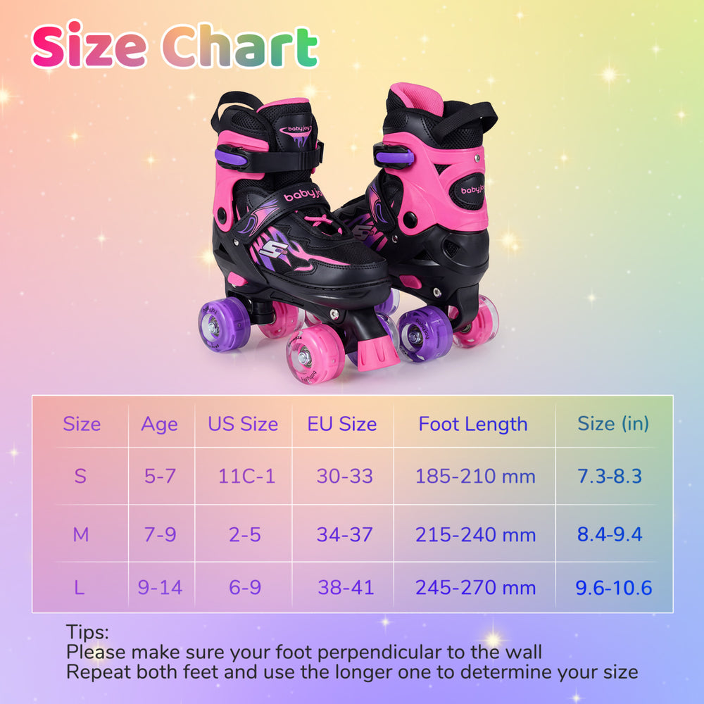 Size chart for kids' adjustable roller skates in pink, detailing foot lengths and corresponding sizes for optimal.