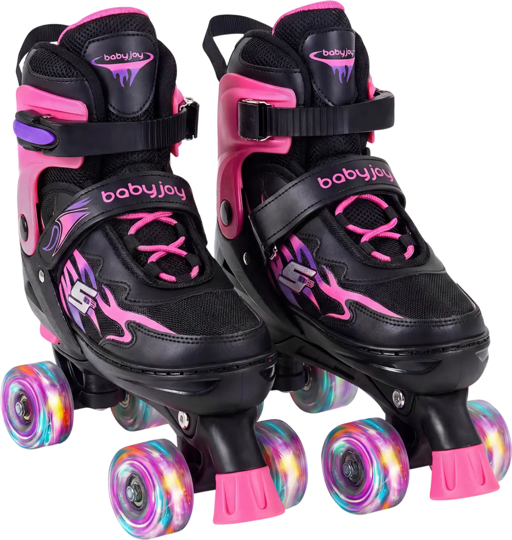 Adjustable pink kids roller skates with light-up wheels, designed for comfort and stability during skating sessions.