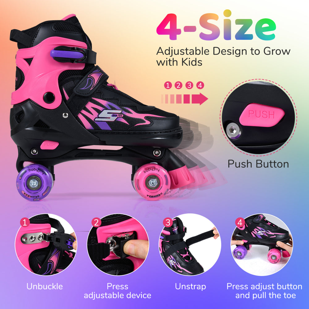Kids adjustable roller skates in pink with light-up wheels, featuring secure laces and a breathable mesh liner for.